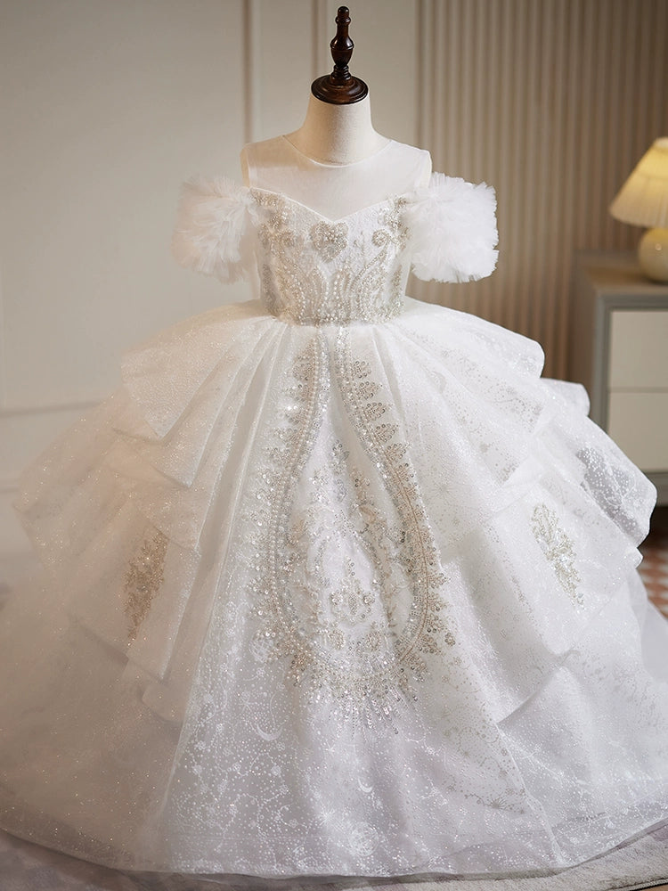 Princess White Organza Crossed Straps Baptism Lace Floor Length Short Sleeve Cold Shoulder Sleeve Round Flower Girl Dress