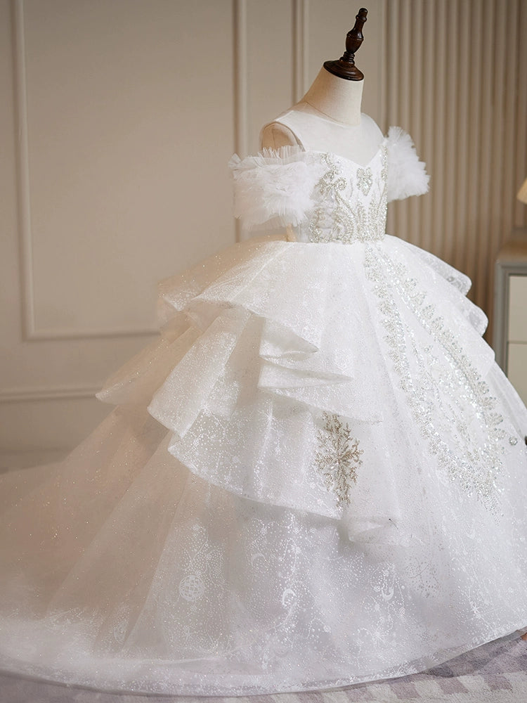 Princess White Organza Crossed Straps Baptism Lace Floor Length Short Sleeve Cold Shoulder Sleeve Round Flower Girl Dress