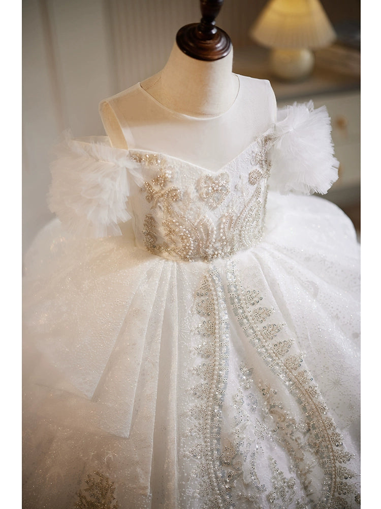 Princess White Organza Crossed Straps Baptism Lace Floor Length Short Sleeve Cold Shoulder Sleeve Round Flower Girl Dress