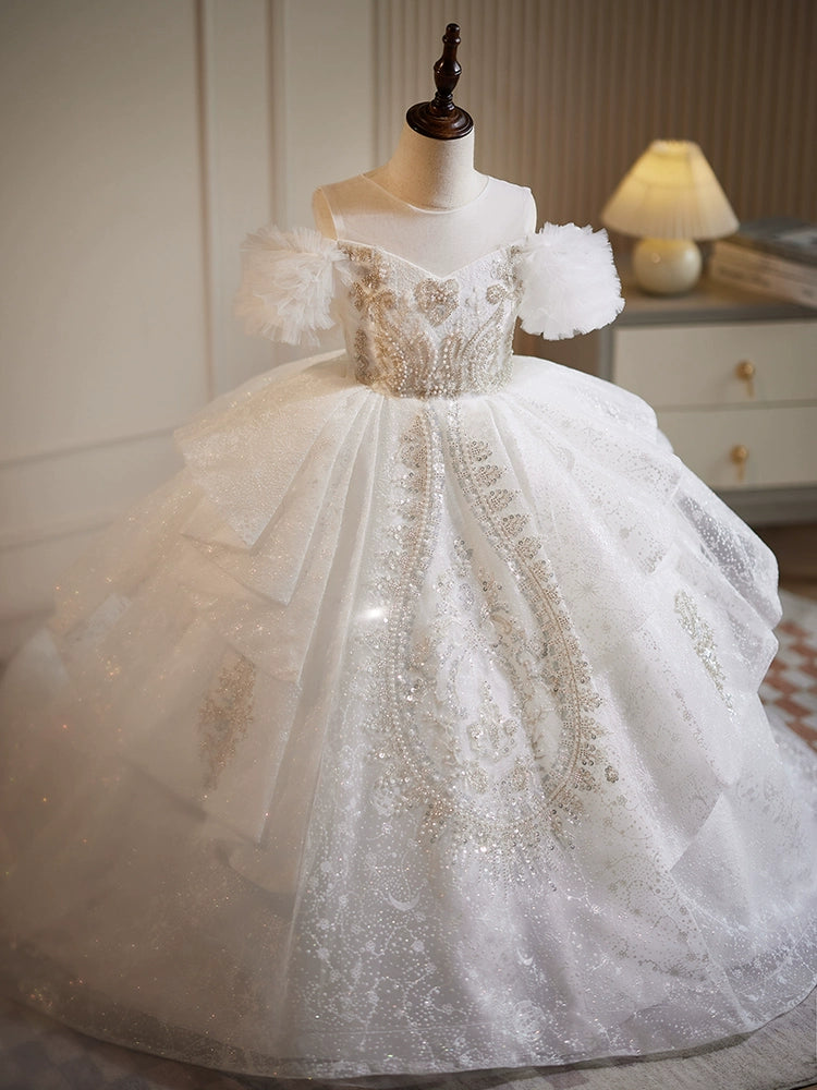 Princess White Organza Crossed Straps Baptism Lace Floor Length Short Sleeve Cold Shoulder Sleeve Round Flower Girl Dress