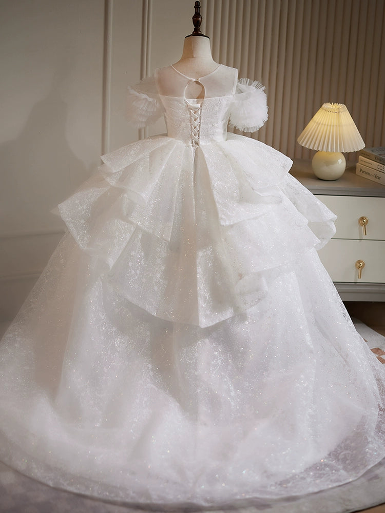 Princess White Organza Crossed Straps Baptism Lace Floor Length Short Sleeve Cold Shoulder Sleeve Round Flower Girl Dress