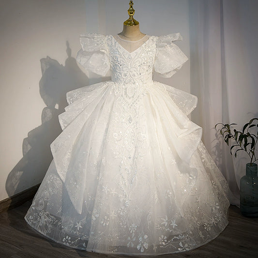 Princess White Organza Crossed Straps Baptism Lace Floor Length Short Sleeve Puff Sleeve Round Flower Girl Dress