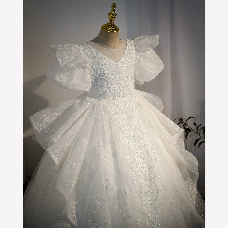 Princess White Organza Crossed Straps Baptism Lace Floor Length Short Sleeve Puff Sleeve Round Flower Girl Dress