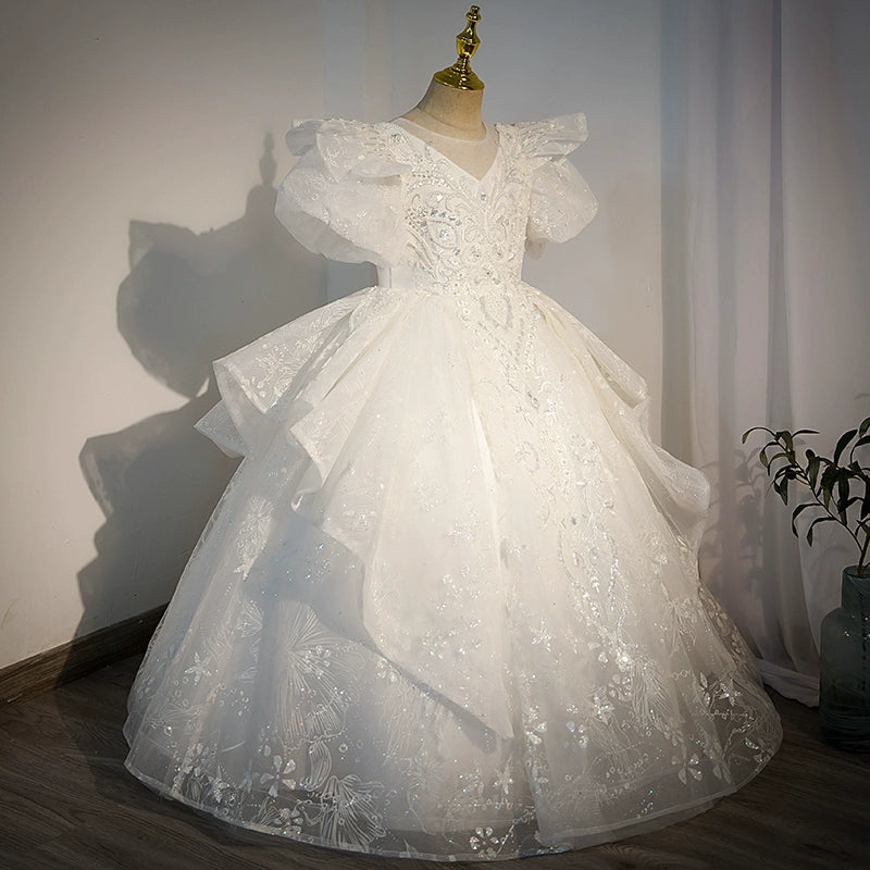 Princess White Organza Crossed Straps Baptism Lace Floor Length Short Sleeve Puff Sleeve Round Flower Girl Dress