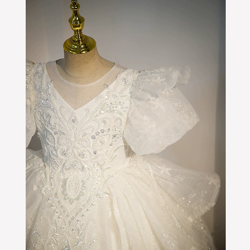 Princess White Organza Crossed Straps Baptism Lace Floor Length Short Sleeve Puff Sleeve Round Flower Girl Dress