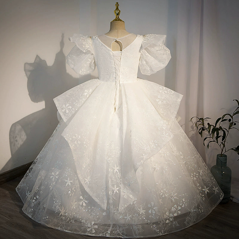 Princess White Organza Crossed Straps Baptism Lace Floor Length Short Sleeve Puff Sleeve Round Flower Girl Dress