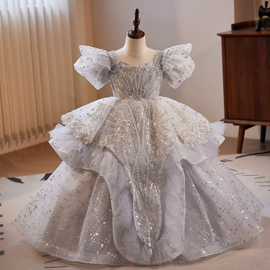 Princess White Organza Crossed Straps Baptism Lace Floor Length Short Sleeve Puff Sleeve Square Flower Girl Dress