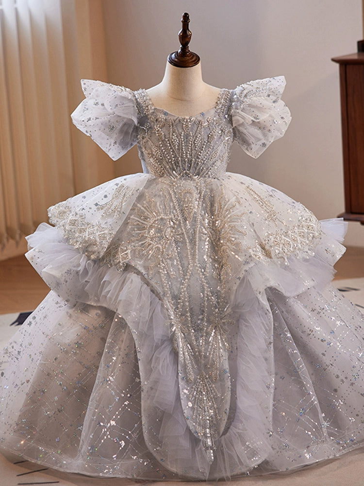 Princess White Organza Crossed Straps Baptism Lace Floor Length Short Sleeve Puff Sleeve Square Flower Girl Dress