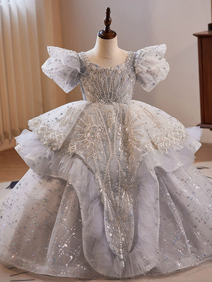 Princess White Organza Crossed Straps Baptism Lace Floor Length Short Sleeve Puff Sleeve Square Flower Girl Dress