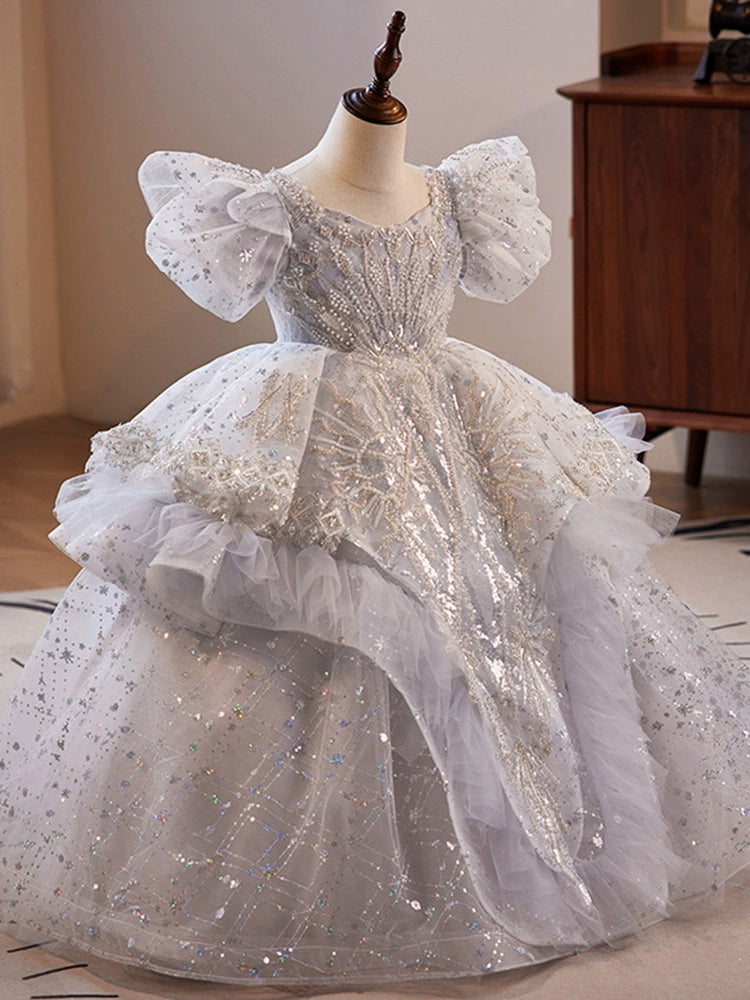 Princess White Organza Crossed Straps Baptism Lace Floor Length Short Sleeve Puff Sleeve Square Flower Girl Dress
