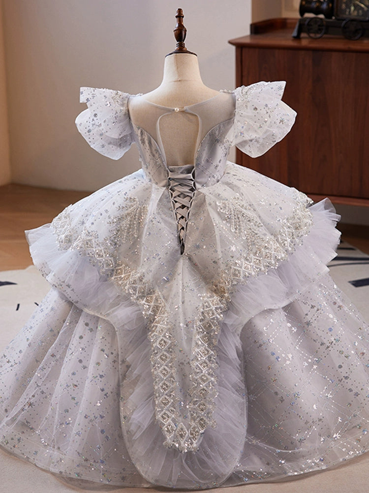 Princess White Organza Crossed Straps Baptism Lace Floor Length Short Sleeve Puff Sleeve Square Flower Girl Dress