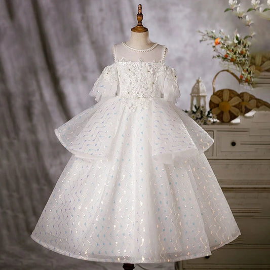 Princess White Organza Crossed Straps Baptism Lace Floor Length Sleeveless Cold Shoulder Sleeve Jewel Neck Flower Girl Dress