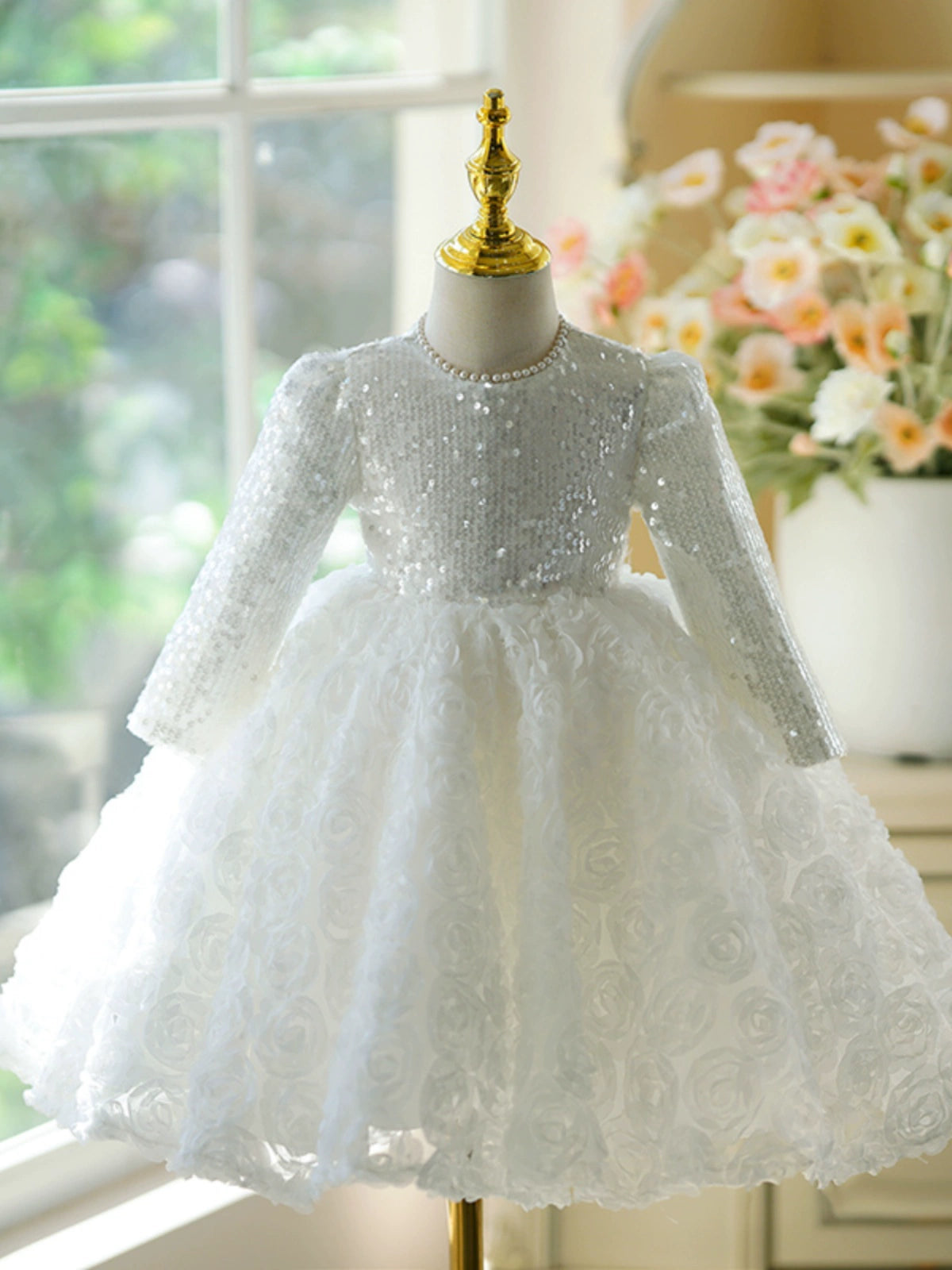 Princess White Polyester Back Zip Baptism Flower(s) Tea Length Long Sleeve Jewel Neck Flower Girl Dress