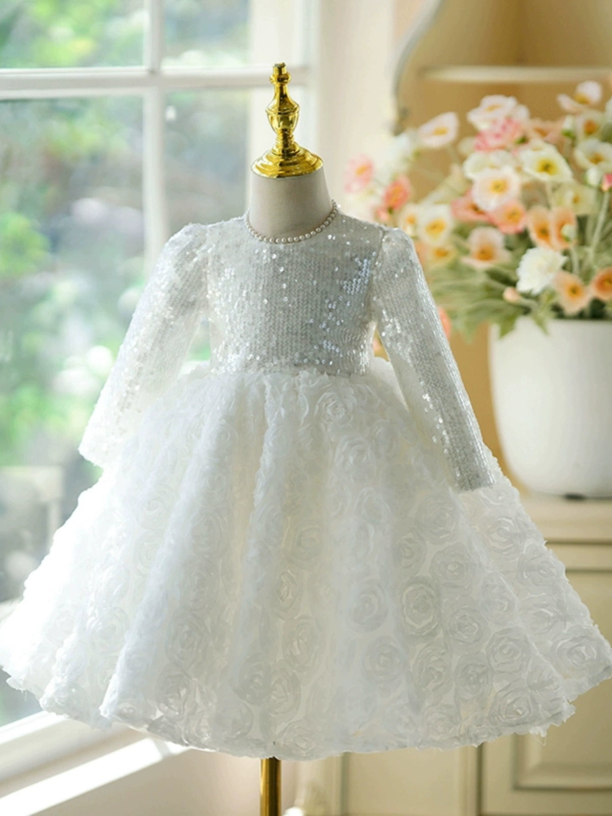 Princess White Polyester Back Zip Baptism Flower(s) Tea Length Long Sleeve Jewel Neck Flower Girl Dress