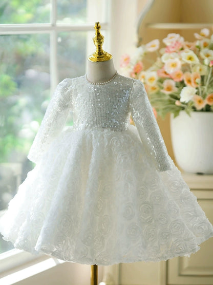 Princess White Polyester Back Zip Baptism Flower(s) Tea Length Long Sleeve Jewel Neck Flower Girl Dress