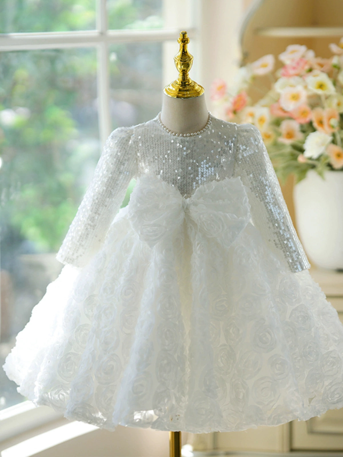 Princess White Polyester Back Zip Baptism Flower(s) Tea Length Long Sleeve Jewel Neck Flower Girl Dress
