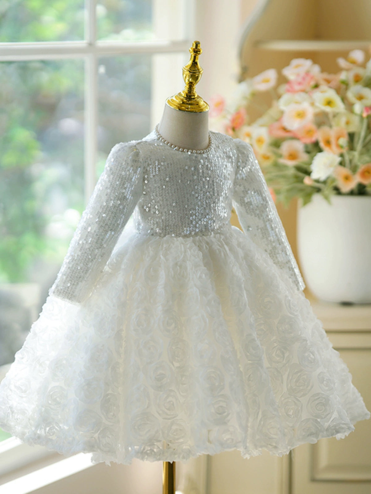 Princess White Polyester Back Zip Baptism Flower(s) Tea Length Long Sleeve Jewel Neck Flower Girl Dress