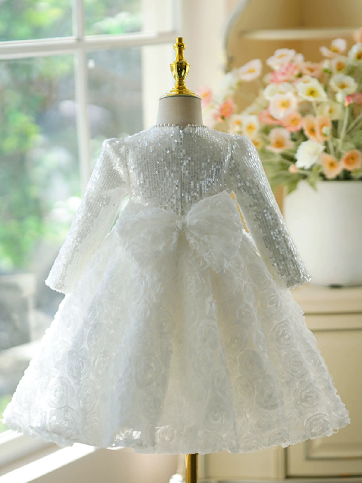 Princess White Polyester Back Zip Baptism Flower(s) Tea Length Long Sleeve Jewel Neck Flower Girl Dress