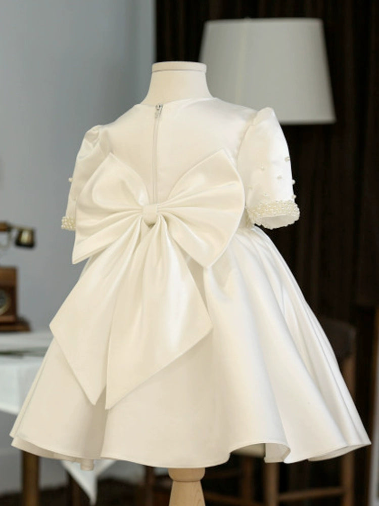 Princess White Satin Back Zip Baptism Beaded Tea Length Short Sleeve Puff Sleeve Round Flower Girl Dress