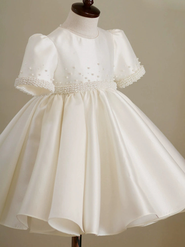 Princess White Satin Back Zip Baptism Beaded Tea Length Short Sleeve Puff Sleeve Round Flower Girl Dress