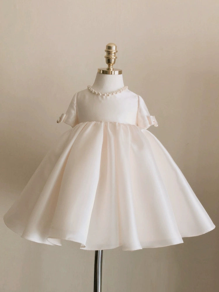 Princess White Satin Back Zip Baptism Beaded Tea Length Short Sleeve Round Flower Girl Dress