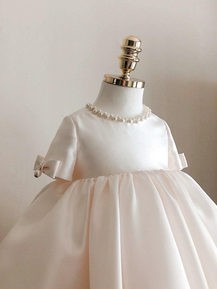 Princess White Satin Back Zip Baptism Beaded Tea Length Short Sleeve Round Flower Girl Dress