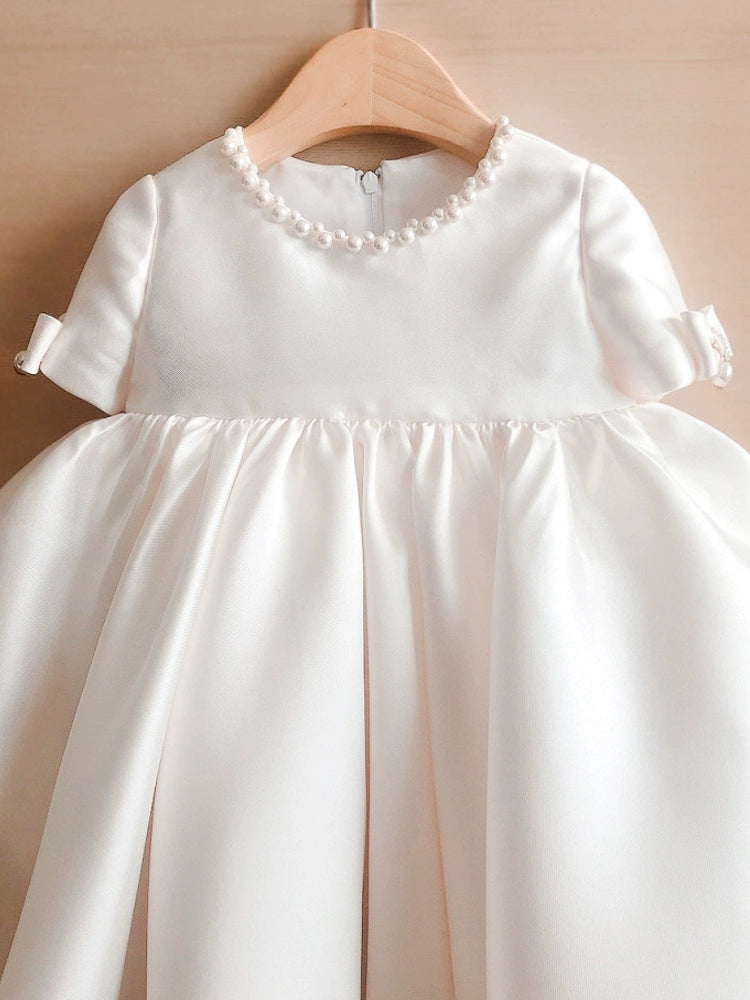 Princess White Satin Back Zip Baptism Beaded Tea Length Short Sleeve Round Flower Girl Dress