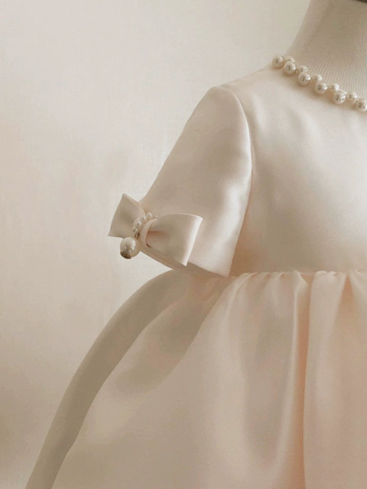 Princess White Satin Back Zip Baptism Beaded Tea Length Short Sleeve Round Flower Girl Dress