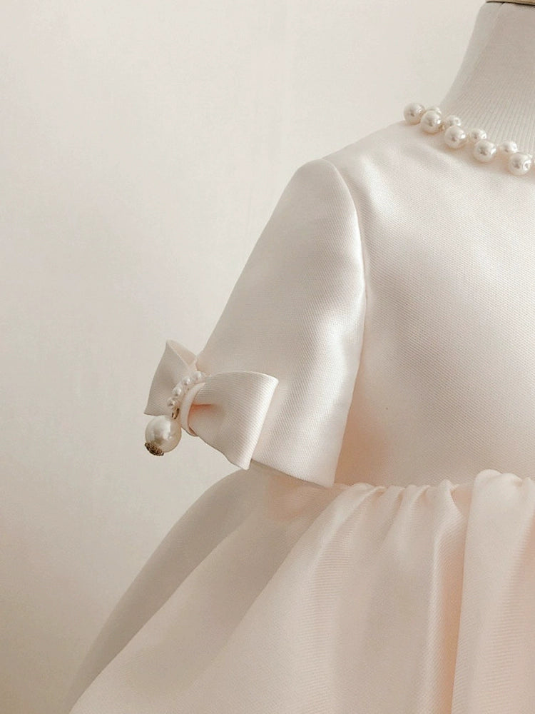 Princess White Satin Back Zip Baptism Beaded Tea Length Short Sleeve Round Flower Girl Dress