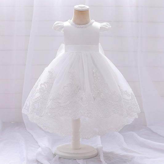 Princess White Satin Back Zip Baptism Lace Tea Length Short Sleeve Cap Sleeve Jewel Neck Flower Girl Dress
