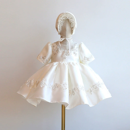 Princess White Satin Back Zip Baptism Lace Tea Length Short Sleeve Puff Sleeve Round Flower Girl Dress