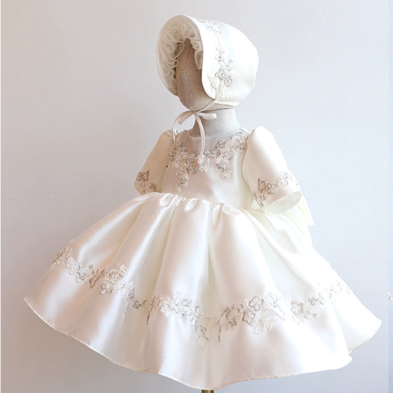 Princess White Satin Back Zip Baptism Lace Tea Length Short Sleeve Puff Sleeve Round Flower Girl Dress