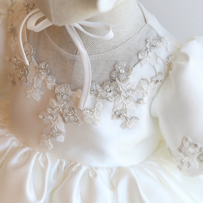 Princess White Satin Back Zip Baptism Lace Tea Length Short Sleeve Puff Sleeve Round Flower Girl Dress