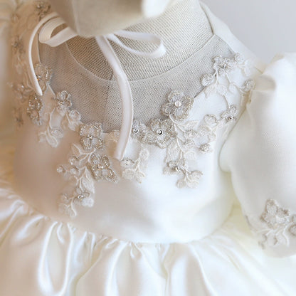 Princess White Satin Back Zip Baptism Lace Tea Length Short Sleeve Puff Sleeve Round Flower Girl Dress