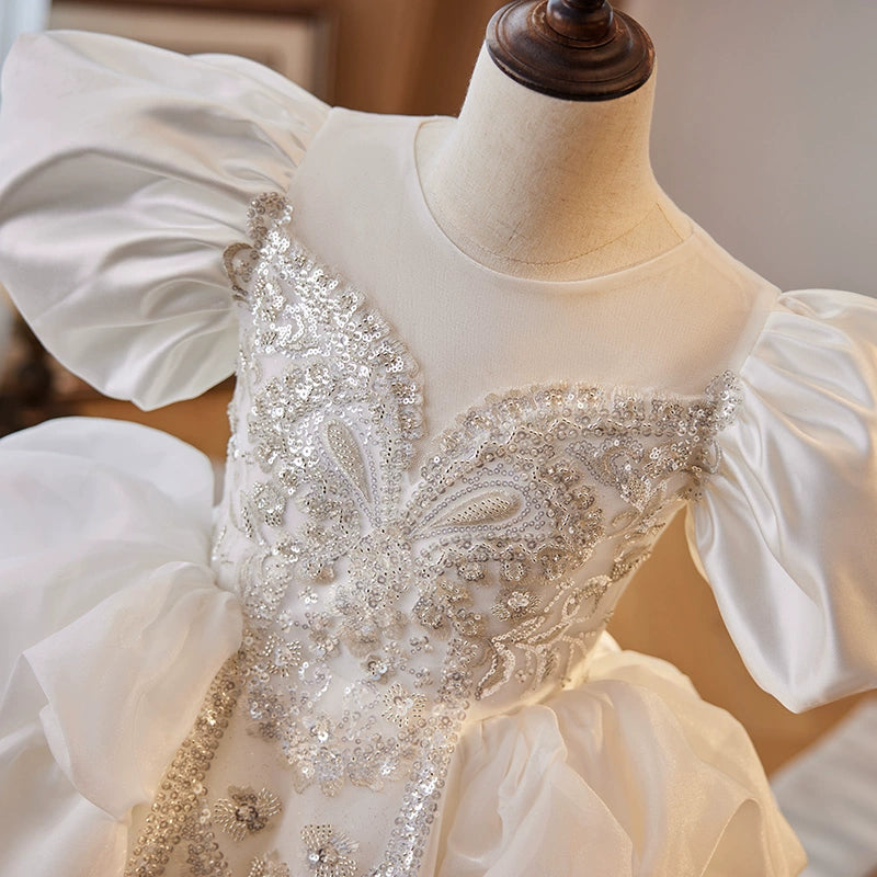 Princess White Satin Crossed Straps Baptism Sequins Floor Length Short Sleeve Puff Sleeve Round Flower Girl Dress