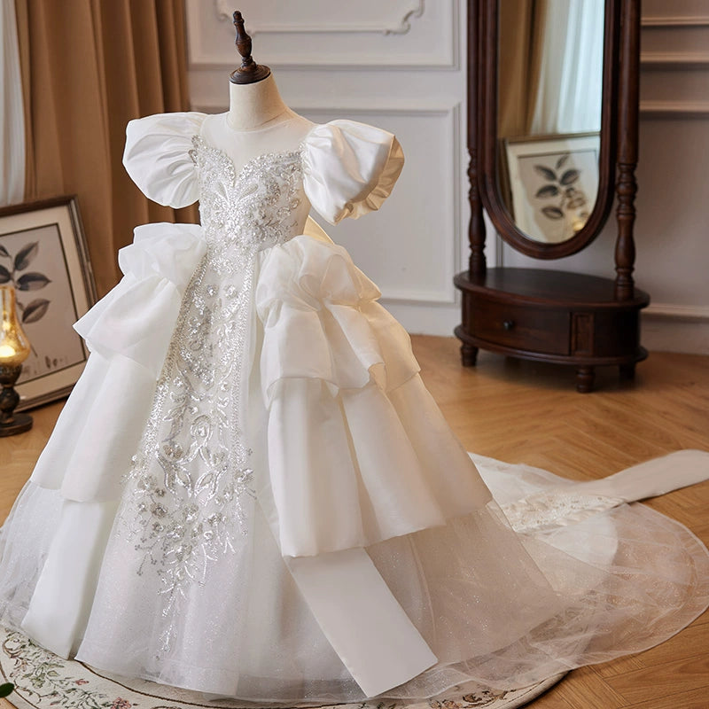 Princess White Satin Crossed Straps Baptism Sequins Floor Length Short Sleeve Puff Sleeve Round Flower Girl Dress