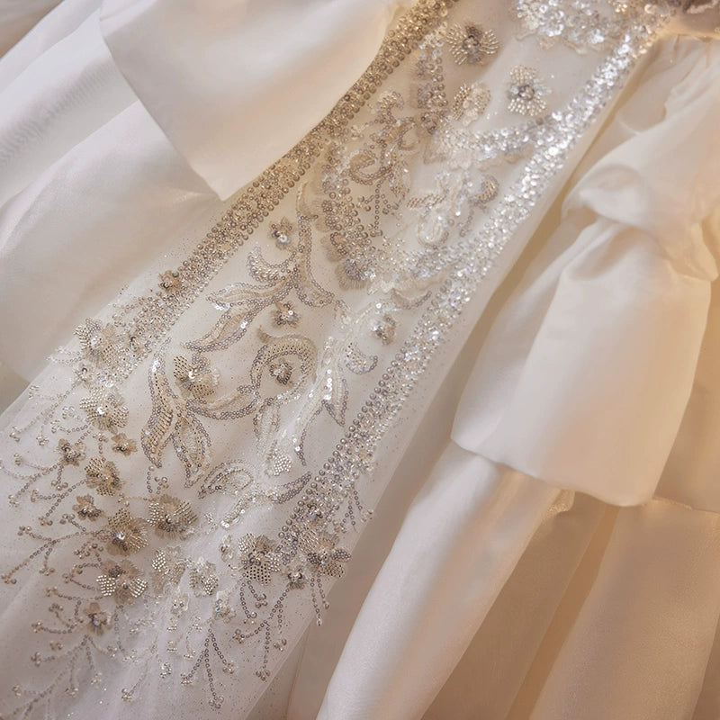 Princess White Satin Crossed Straps Baptism Sequins Floor Length Short Sleeve Puff Sleeve Round Flower Girl Dress