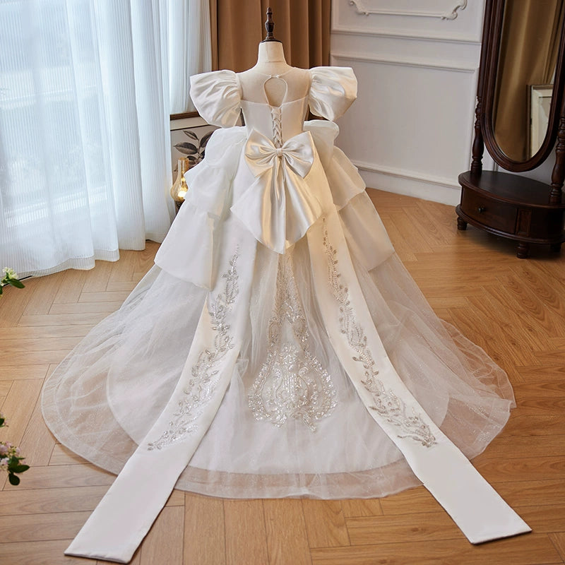 Princess White Satin Crossed Straps Baptism Sequins Floor Length Short Sleeve Puff Sleeve Round Flower Girl Dress
