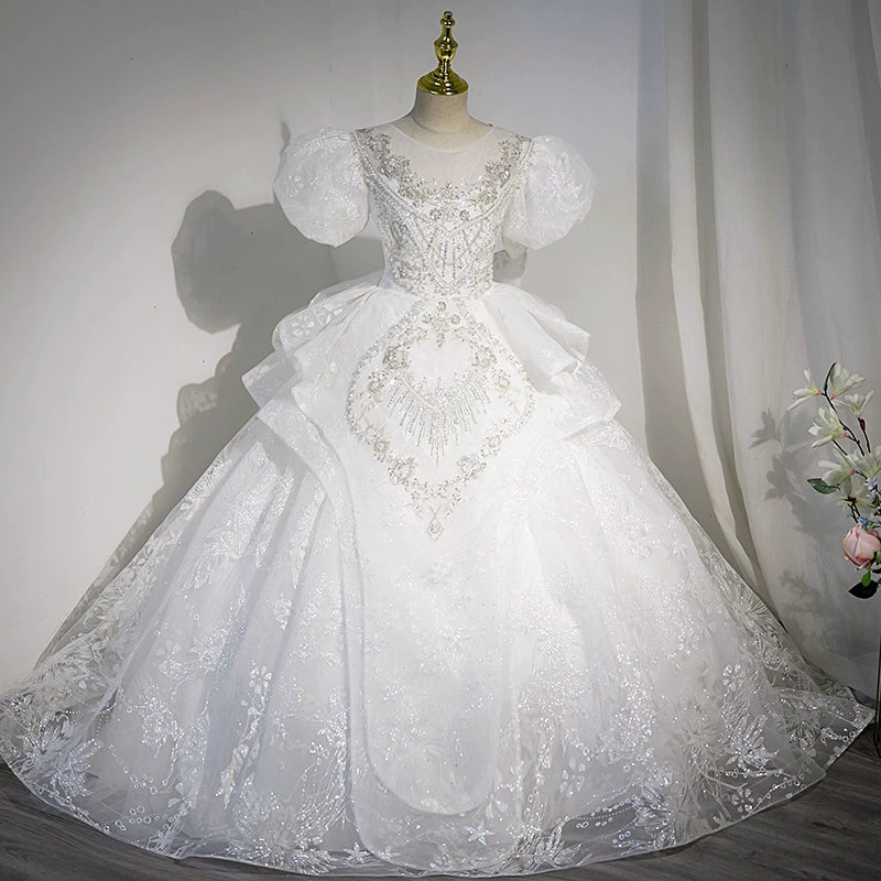 Princess White Sequined Crossed Straps Baptism Lace Floor Length Short Sleeve Puff Sleeve Round Flower Girl Dress
