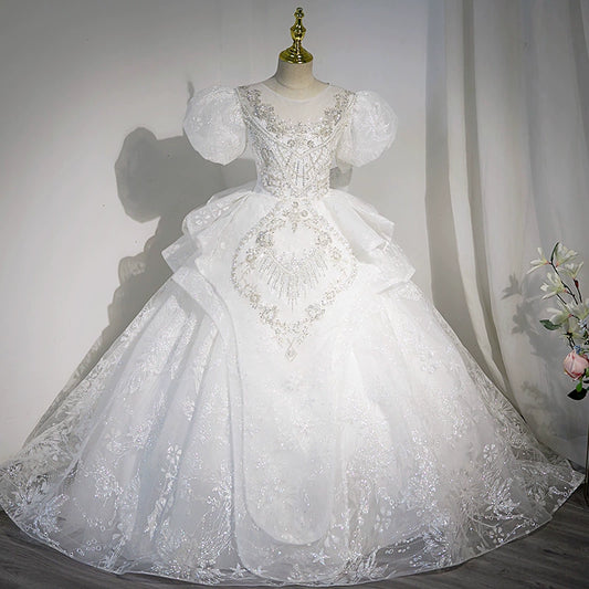 Princess White Sequined Crossed Straps Baptism Lace Floor Length Short Sleeve Puff Sleeve Round Flower Girl Dress