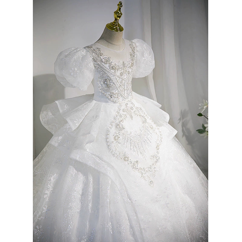 Princess White Sequined Crossed Straps Baptism Lace Floor Length Short Sleeve Puff Sleeve Round Flower Girl Dress
