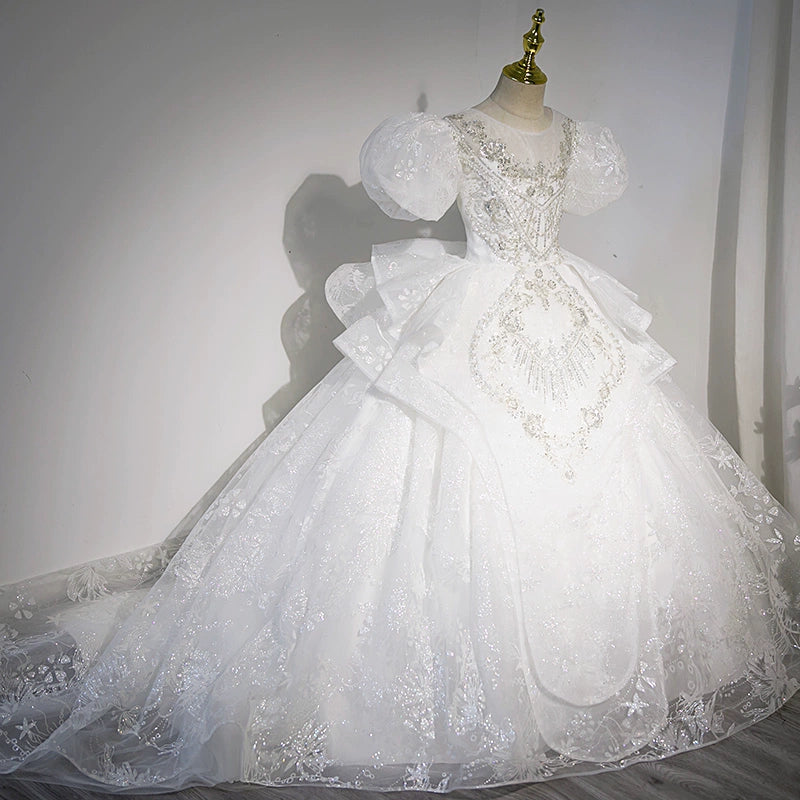 Princess White Sequined Crossed Straps Baptism Lace Floor Length Short Sleeve Puff Sleeve Round Flower Girl Dress