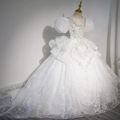 Princess White Sequined Crossed Straps Baptism Lace Floor Length Short Sleeve Puff Sleeve Round Flower Girl Dress