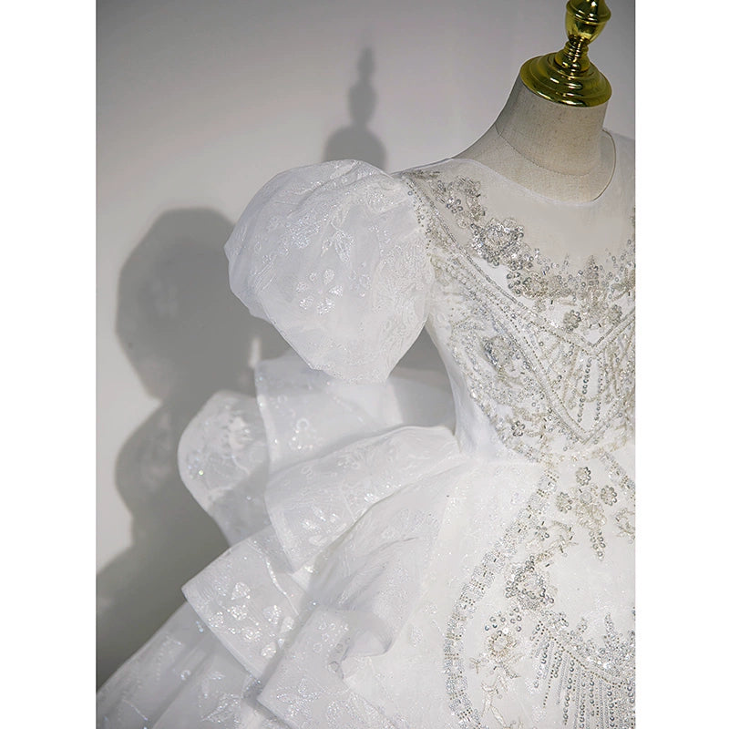 Princess White Sequined Crossed Straps Baptism Lace Floor Length Short Sleeve Puff Sleeve Round Flower Girl Dress