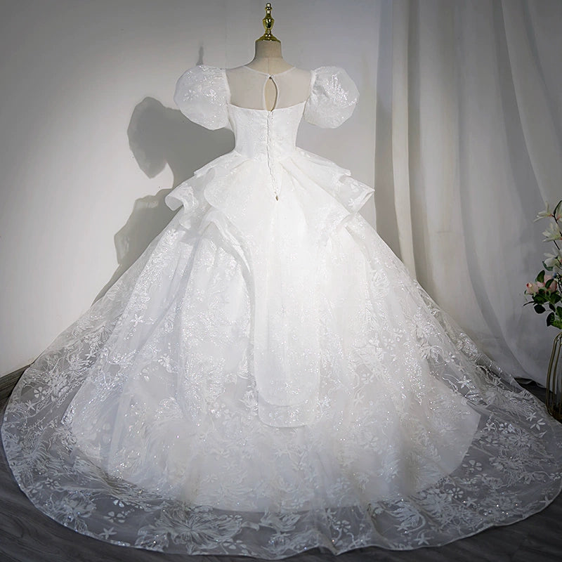 Princess White Sequined Crossed Straps Baptism Lace Floor Length Short Sleeve Puff Sleeve Round Flower Girl Dress