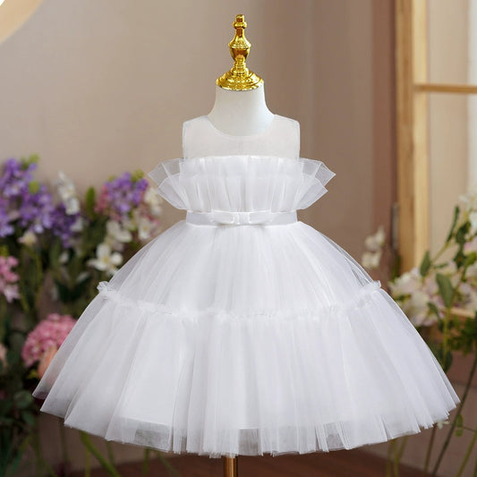 Princess White Tulle Back Zip Baptism Bow(s) Tea Length Sleeveless Round Flower Girl Dress