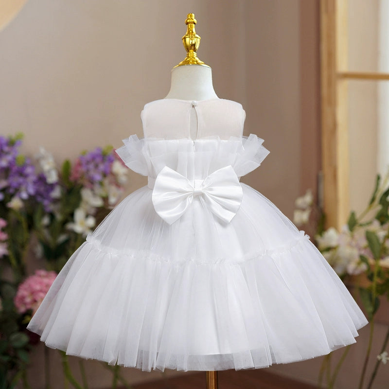 Princess White Tulle Back Zip Baptism Bow(s) Tea Length Sleeveless Round Flower Girl Dress