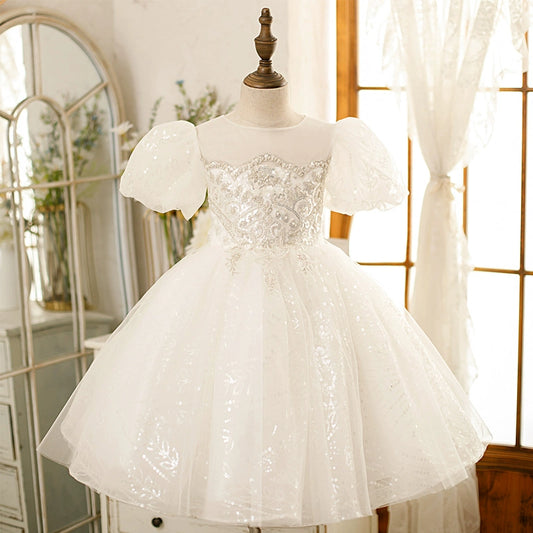 Princess White Tulle Back Zip Baptism Flower(s) Tea Length Short Sleeve Puff Sleeve Round Flower Girl Dress