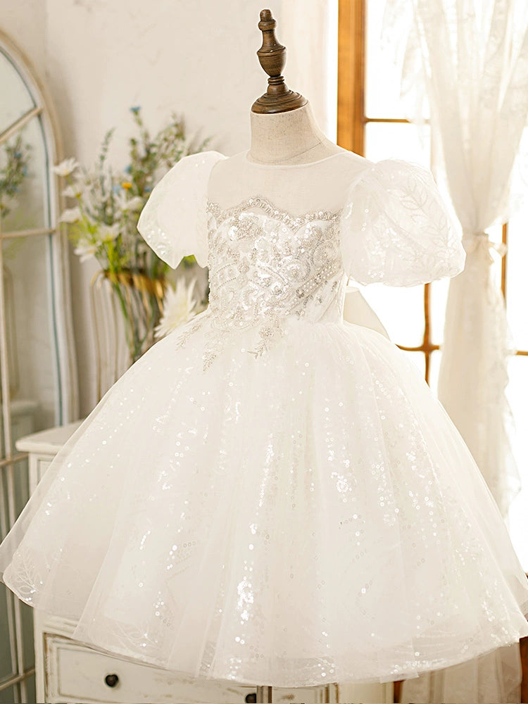 Princess White Tulle Back Zip Baptism Flower(s) Tea Length Short Sleeve Puff Sleeve Round Flower Girl Dress