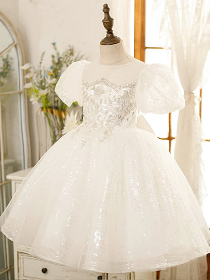 Princess White Tulle Back Zip Baptism Flower(s) Tea Length Short Sleeve Puff Sleeve Round Flower Girl Dress